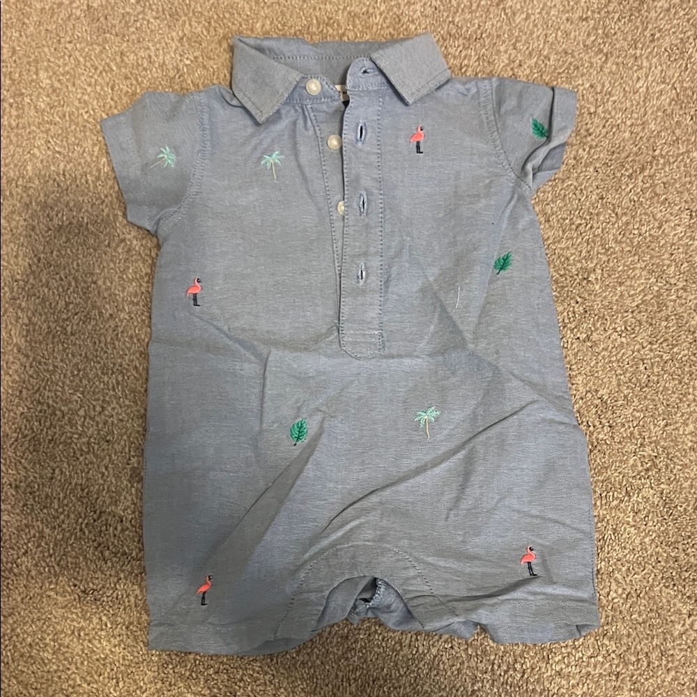 Janie and Jack Blue One Piece with Palm Tree and Flamingo Embroidery